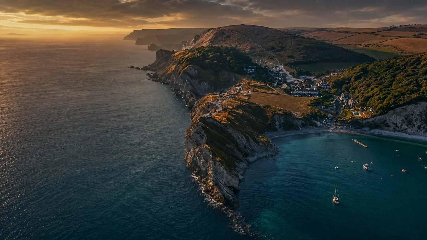 Jurassic Coast aerial at golden hour